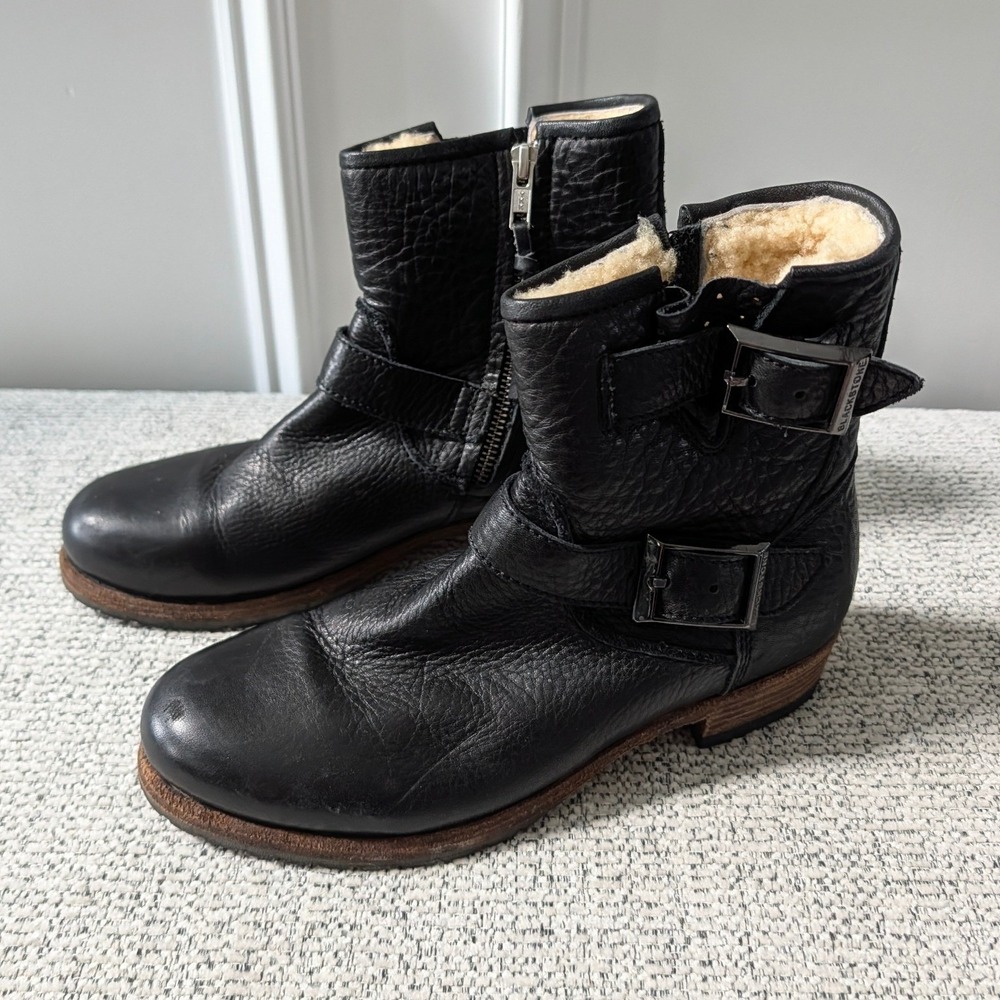 Blackstone Womens Black Pebbled Leather Shearling Lined Moto Ankle Boots Size 6